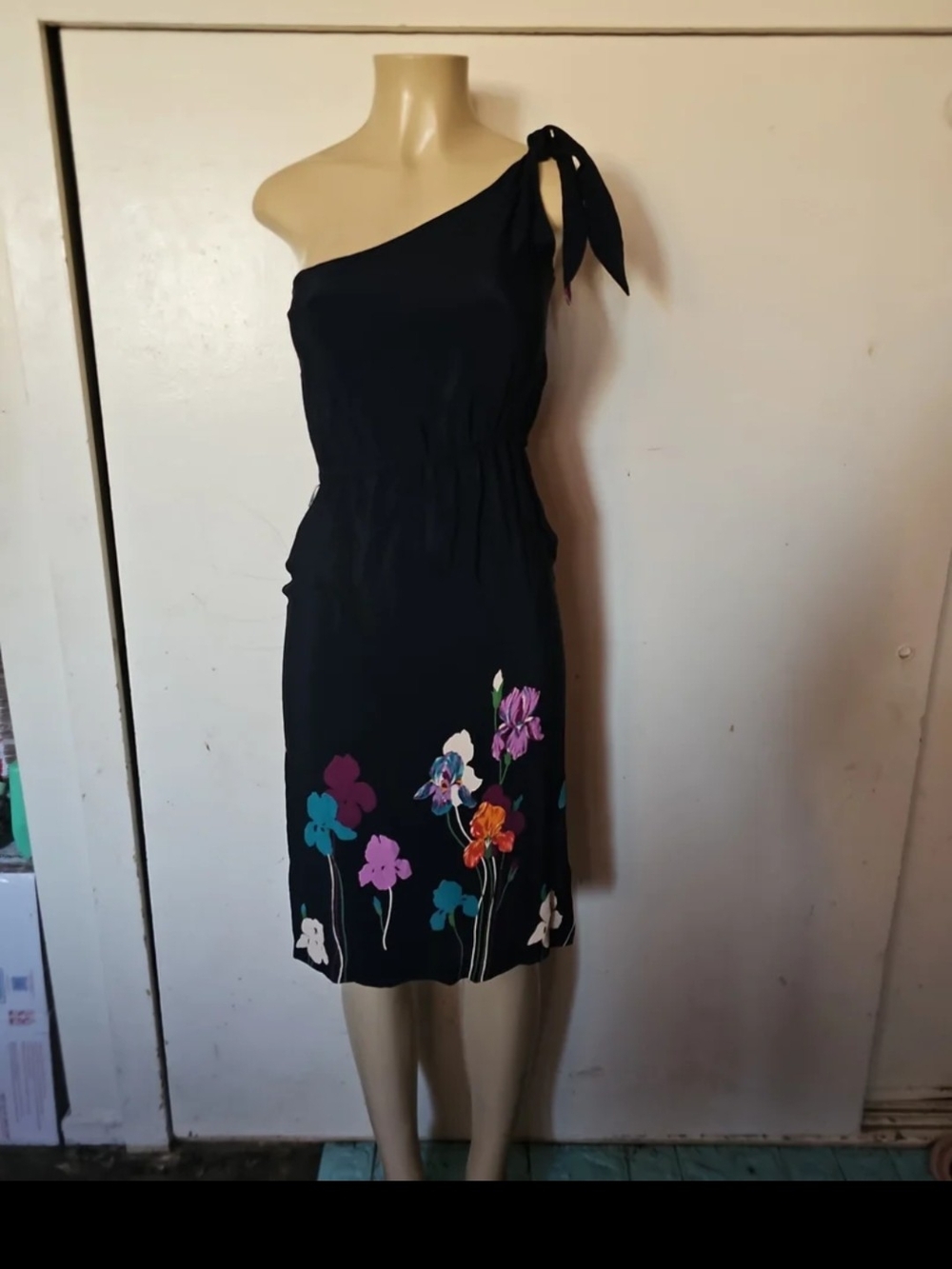bp One-Shoulder Black Dress with Colorful Floral Hem